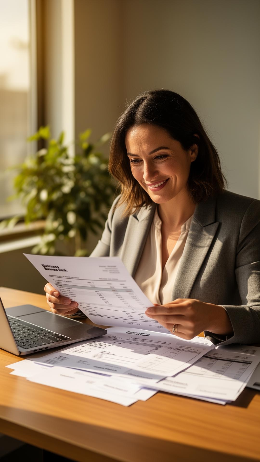 Small business owner reviewing funding paperwork at her desk