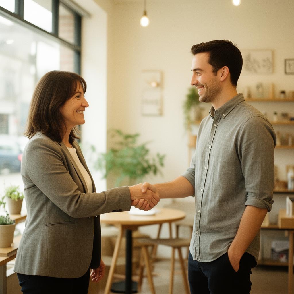 Small business owner shaking hands with a friendly BizBee funding advisor
