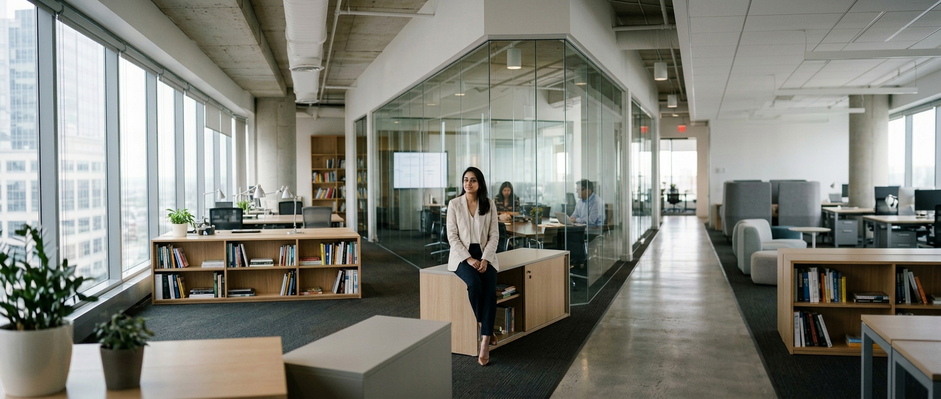 Small business owner comparing Biz2Credit and BizBee Funding offers on a laptop in a modern office.