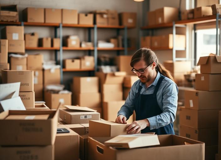 E-commerce business owner packing orders at her warehouse desk after comparing Bluevine and BizBee Funding for working capital.