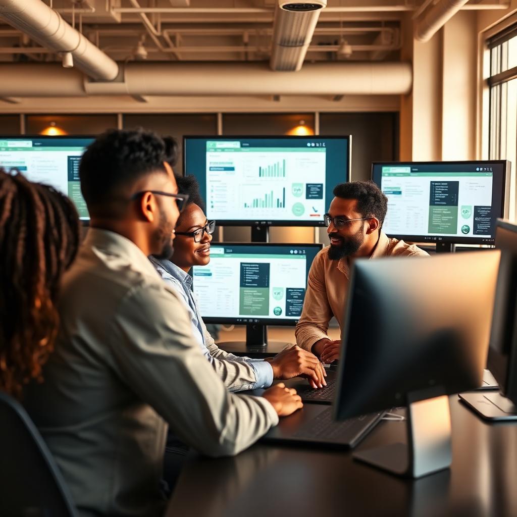 Small business team reviewing digital lending platforms in modern office