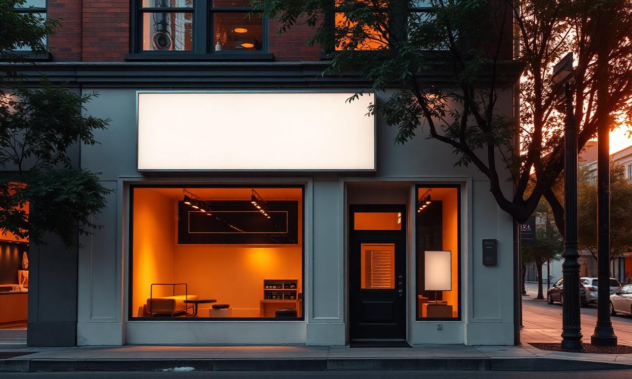 Independent small business storefront at golden hour with warm interior lighting