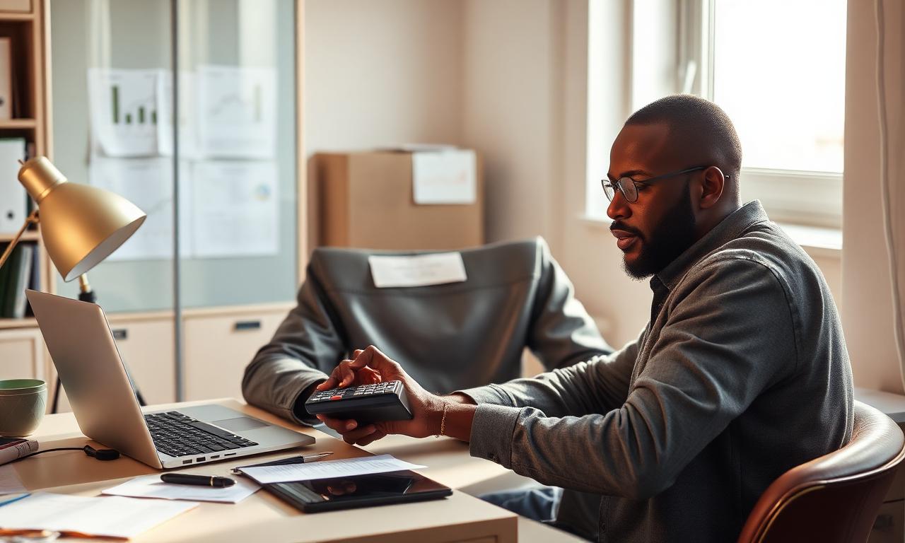 Small business owner using a calculator and laptop to model loan costs at a desk