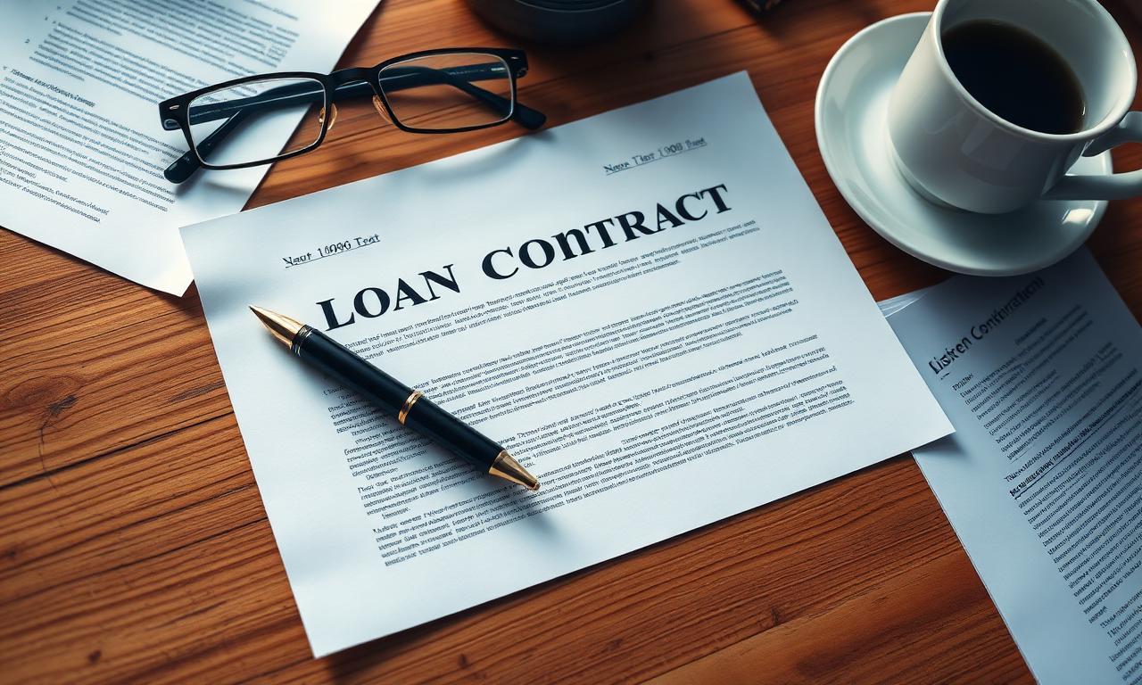 Overhead view of a printed loan contract on a desk with a pen, glasses, and a coffee cup