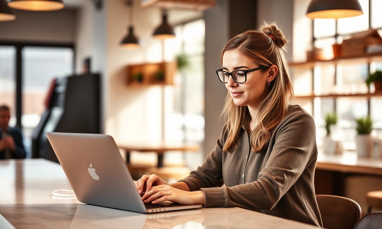Small business owner reviewing loan options on a laptop at a coffee shop counter