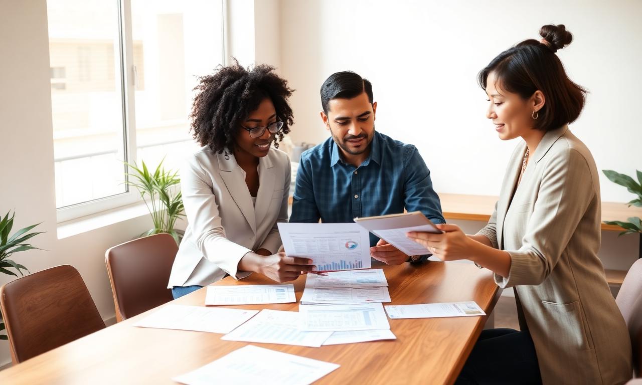 Diverse small business team reviewing financial paperwork around a table