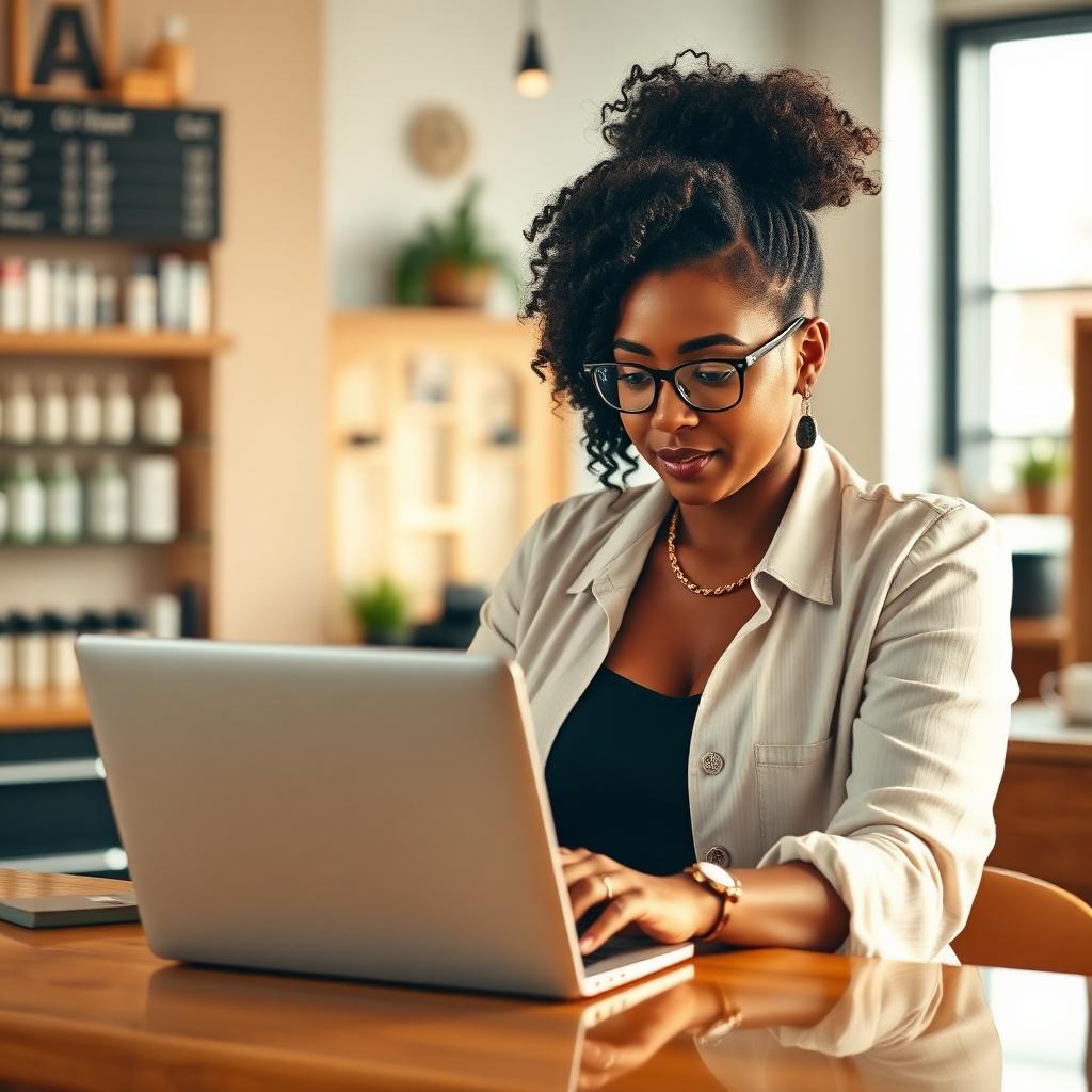 Salon owner using laptop to review low-credit business loan options
