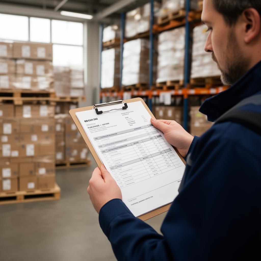 Warehouse manager reviewing large purchase order from major retailer