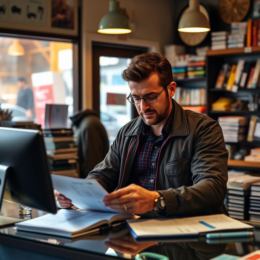 Small business owner reviewing monthly revenue reports inside retail shop