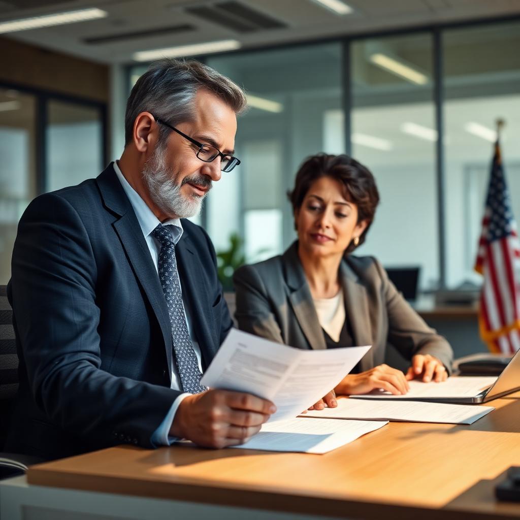 Business owner reviewing SBA loan paperwork with banker in office with US flag
