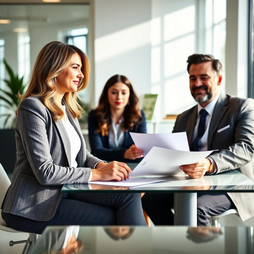 Female loan advisor reviewing documents with small business owners across a desk